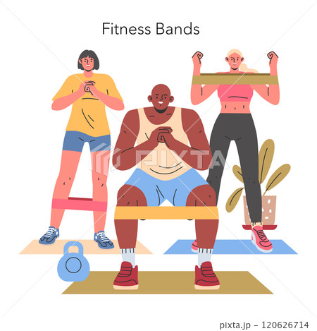 Home Workout Concept. Individuals engaging in fitness using resistance bands, promoting health and wellness indoors. Diverse body types exercising. Vector illustration. 120626714