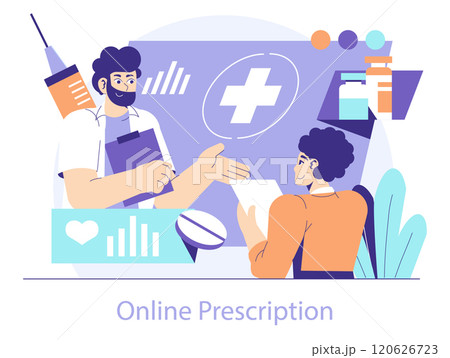 Healthtech concept. A digital health platform facilitates an online prescription service with patient-doctor interactions. Vector illustration. 120626723