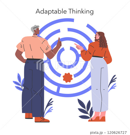 Cognitive Bias concept. Illustration of two people engaging in adaptable thinking with abstract background. Problem-solving, strategic discussion. Vector illustration. 120626727