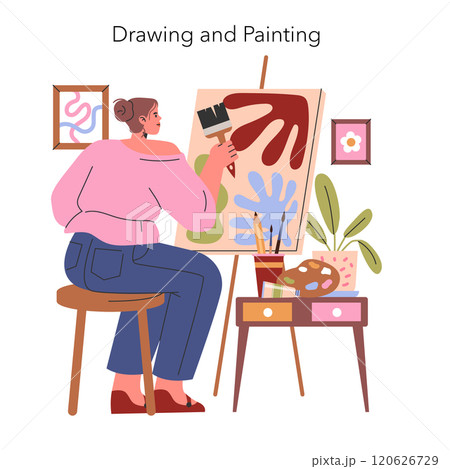 Hobbies at Home concept. Woman engages in painting, expressing creativity on a canvas at her cozy art space. Indoor leisure activity, artistic inspiration. Vector illustration. 120626729