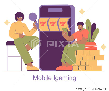 Mobile iGaming concept. Two characters engaging with online slot games on digital devices. Casual at-home casino experience. Vector illustration. 120626731