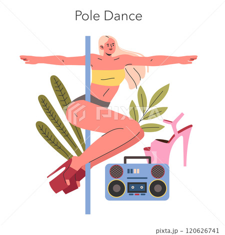 Pole Dance concept. An illustration of a woman exercising pole dance moves, with a boombox and high heels nearby. Fitness Lifestyle and modern dance form. Vector illustration. Pole Dance concept. An illustration of a woman exercising pole dance moves, with a boombox and high heels nearby. Fitness Lifestyle and modern dance form. Vector illustration. 120626741