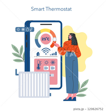 Smart Home concept. Woman interacts with a smartphone app to adjust smart thermostat, enhancing home climate control. Vector illustration. 120626752