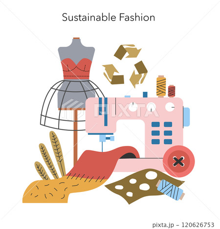 Sustainable Fashion concept. Eco-friendly garment making with sewing machine and recycled materials. Ethical clothing production and waste reduction. Vector illustration. Sustainable Fashion concept. Eco-friendly garment making with sewing machine and recycled materials. Ethical clothing production and waste reduction. Vector illustration. 120626753
