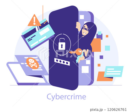 Cybercrime concept. Digital thief stealing confidential data behind a smartphone screen, symbolizing online security threats. Vector illustration. 120626761