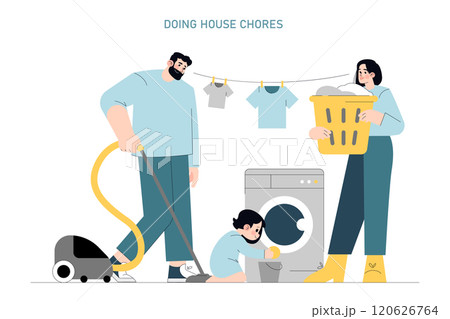 Family Engaged in Housework concept. Parents and child contribute to household chores, showing teamwork. Daily routine, cleanliness maintenance, and domestic life. Vector illustration. 120626764