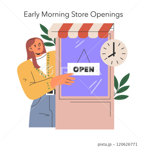 Retail opening concept. Shopkeeper turning the open sign in early morning hours welcoming customers. Store readiness for business. Vector illustration. Retail opening concept. Shopkeeper turning the open sign in early morning hours welcoming customers. Store readiness for business. Vector illustration. 120626771