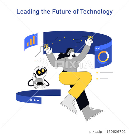 Women Leaders in Technology concept. A confident female figure interacts with futuristic tech and artificial intelligence. Leadership in innovation and digital transformation. Vector illustration. 120626791