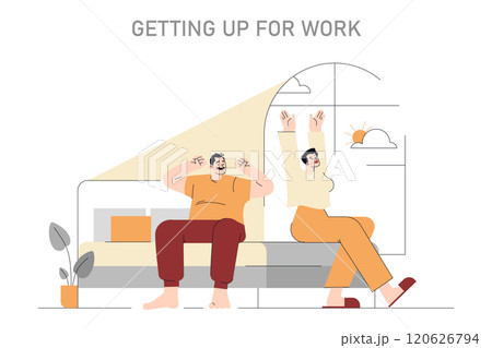 Morning routine concept. Illustration of a couple waking up and stretching in bed, preparing for the workday ahead. Vector illustration. 120626794