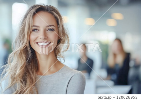 オフィスでチームメイトを背景に笑顔を見せる女性マネージャー。ビジネスウーマンのポートレート 120626955