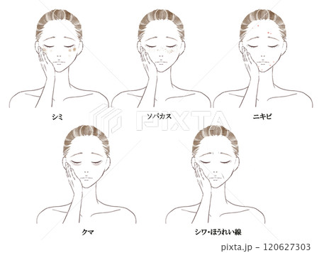 肌の悩みを抱え頬に手を当て目を瞑り悩む女性の水彩風イラストセット 120627303