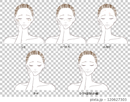 肌の悩みを抱え頬に手を当て目を瞑り悩む女性の水彩風イラストセット 120627303