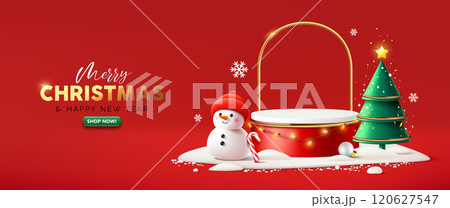 Merry Christmas and happy new year, Podium display, snowman and christmas green tree banner Merry Christmas and happy new year, Podium display, snowman and christmas green tree banner 120627547