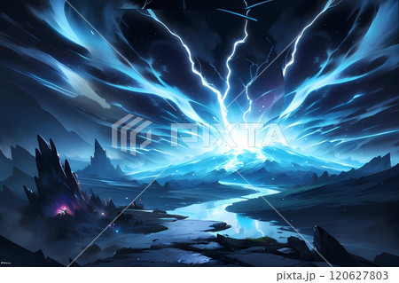 ゲーム背景 激しい雷が落ちる嵐の荒野の風景 ゲーム背景 激しい雷が落ちる嵐の荒野の風景 120627803