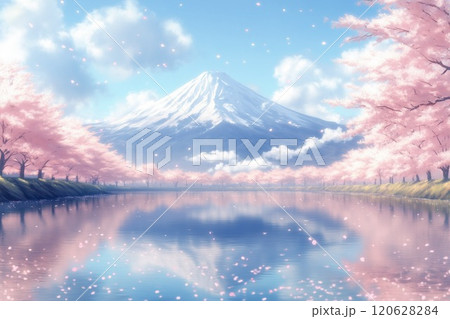 桜と富士山と青空の水彩画イラスト。日本の春のイメージ。 120628284