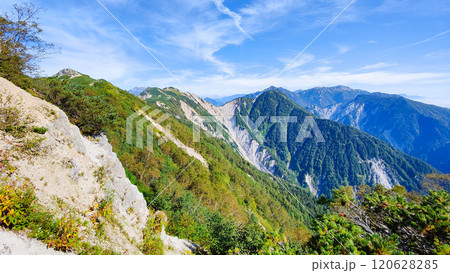 夏の烏帽子岳・南沢岳登山（ブナ立尾根から烏帽子岳・南沢岳・不動岳・針ノ木岳・蓮華岳・七倉岳を望む） 120628285