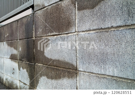 雨上がりのブロック塀にシミ 120628551