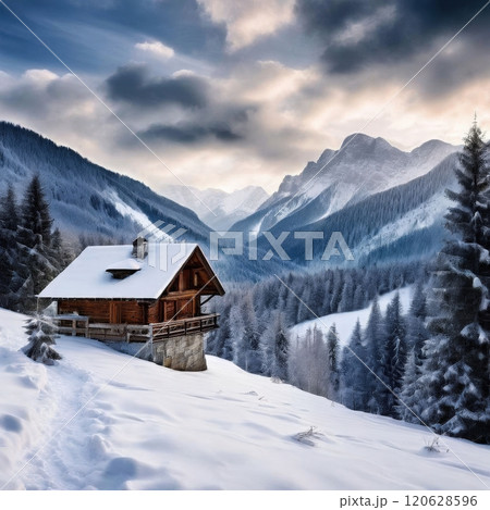 the AI Image Generator, Cozy Cabin in a Serene Snowy Mountain Landscape the AI Image Generator, Cozy Cabin in a Serene Snowy Mountain Landscape 120628596