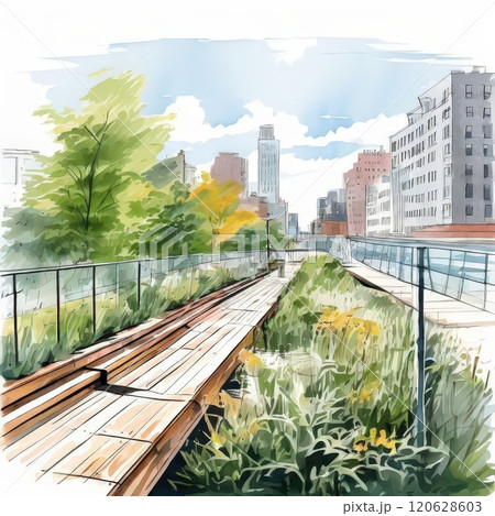 the AI Image Generator, Urban Walkway Through Vibrant Cityscape and Lush Greenery 120628603