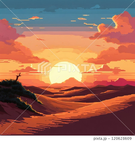 the AI Image Generator, Vibrant Pixel Art Sunset Over Serene Desert Landscape the AI Image Generator, Vibrant Pixel Art Sunset Over Serene Desert Landscape 120628609