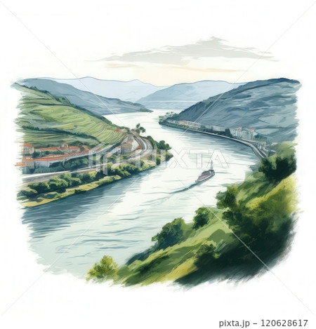 the AI Image Generator, Scenic River Valley With Vineyard Terrace 120628617
