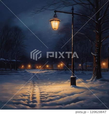 the AI Image Generator, row of vintage street lamps along 120628647