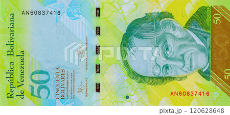 Venezuelan 50 bolivar banknote shows depiction of Simon Bolivar, distinct security features currency represents nation heritage economy. 120628648