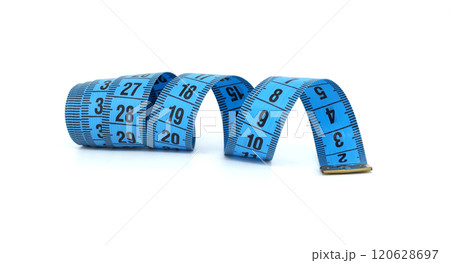 Blue Measuring Tape Rolled and Unrolled on White Background Blue Measuring Tape Rolled and Unrolled on White Background 120628697