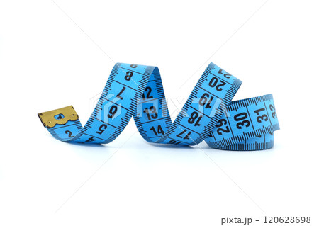 Blue Measuring Tape on White Background Close-Up 120628698
