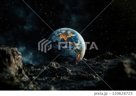 A view of Earth from the moon's surface, with the planet hanging in the night sky, surrounded by a starry nebula. 120628723