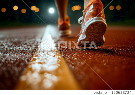 Sports man running on track while raining 120628724