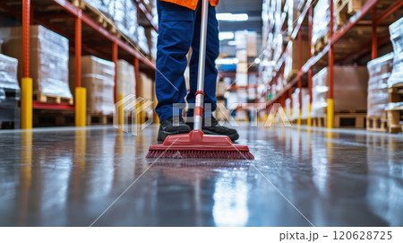 a warehouse employee cleaning the floor with cleaning tools. 120628725