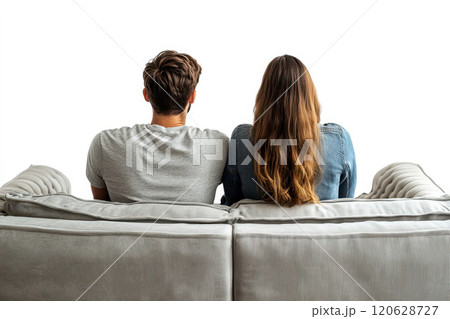 Couple sitting on couch, back view isolated on transparent white background. 120628727