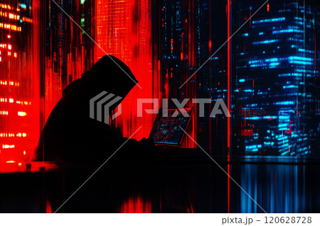 Abstract image of unrecognizable hacker cyber criminal in hood with dark space and matrix face on red digital background. Security system cyber attack 120628728