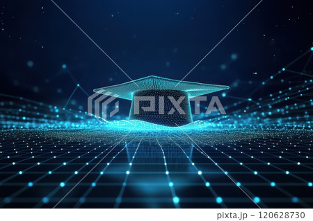 Abstract digital art of an open graduation cap made from glowing lines and dots, floating above a network grid on a dark blue background, power to shape your future through education. 120628730