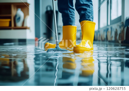 A man in rubber boots washes a flooded floor, paying special attention to cleaning and repairing water damage. Flood response, maintenance and disaster recovery concept 120628755