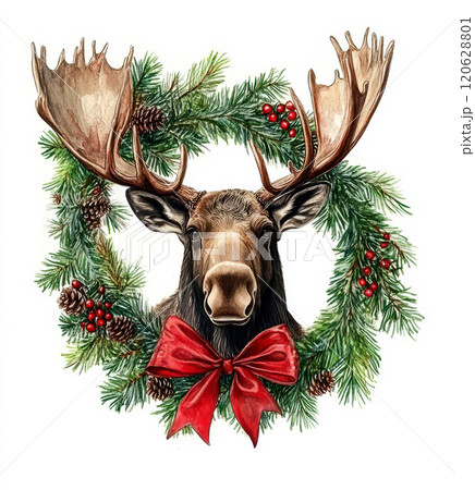 Christmas moose head with red bow and Christmas wreath on white background. 120628801