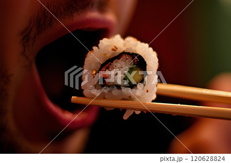 a man uses chopsticks to hold a sushi roll she is about to eat, Japanese food photo for menu. 120628824