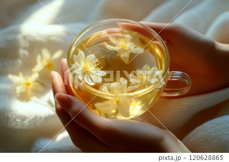 Female hand holding a transparent glass mug with linden tea on white linen textile background. 120628865