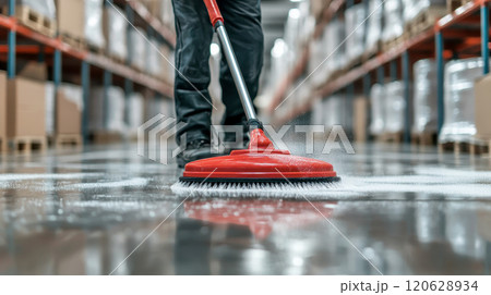 a warehouse employee cleaning the floor with cleaning tools. 120628934