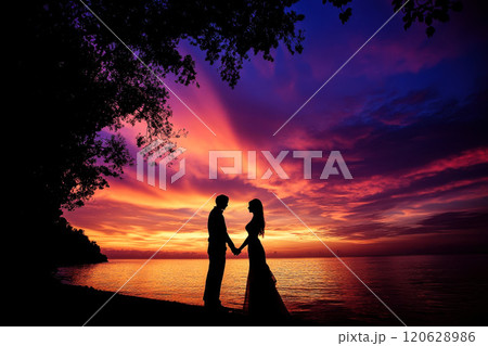A couple is standing on the beach at sunset with a red sky. AI. A couple is standing on the beach at sunset with a red sky. AI. 120628986