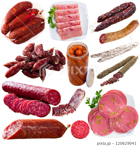 Collection of meat products isolated on white Collection of meat products isolated on white 120629041