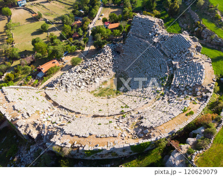 Aerial view of remains of Roman theater of ancient city of Selge, Turkey Aerial view of remains of Roman theater of ancient city of Selge, Turkey 120629079