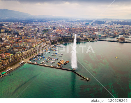 Aerial view of the fountain on the Lake Leman. Geneva.  120629263