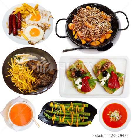 Dishes of Spanish cuisine isolated on white 120629475