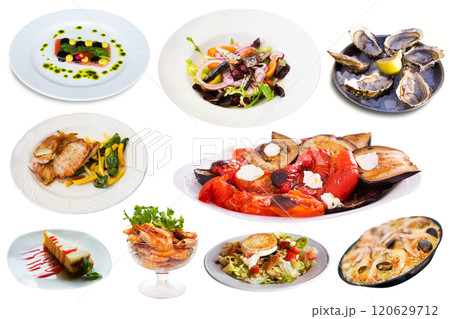 Collage of dishes isolated 120629712