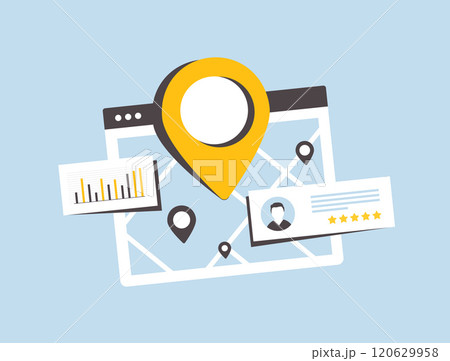 Local SEO for small businesses with maps, location pins, star ratings, customer reviews. Boost visibility, attract local customers and improving search rankings through feedback and analytics data 120629958