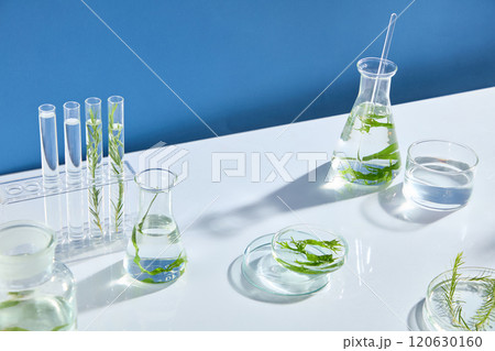 High angle shot photo on white laboratory table, variety lab glassware displayed on which. Vacant space in center for product presentation, copy space for text High angle shot photo on white laboratory table, variety lab glassware displayed on which. Vacant space in center for product presentation, copy space for text 120630160