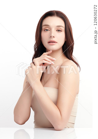 Beautiful young woman with clean fresh skin on white background, Face care, Facial treatment, Cosmetology, beauty and spa, women portrait. 120630272