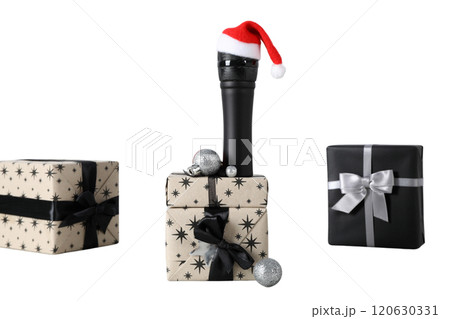 PNG, Christmas gifts with microphone, microphone with santa hat isolated on white background. 120630331